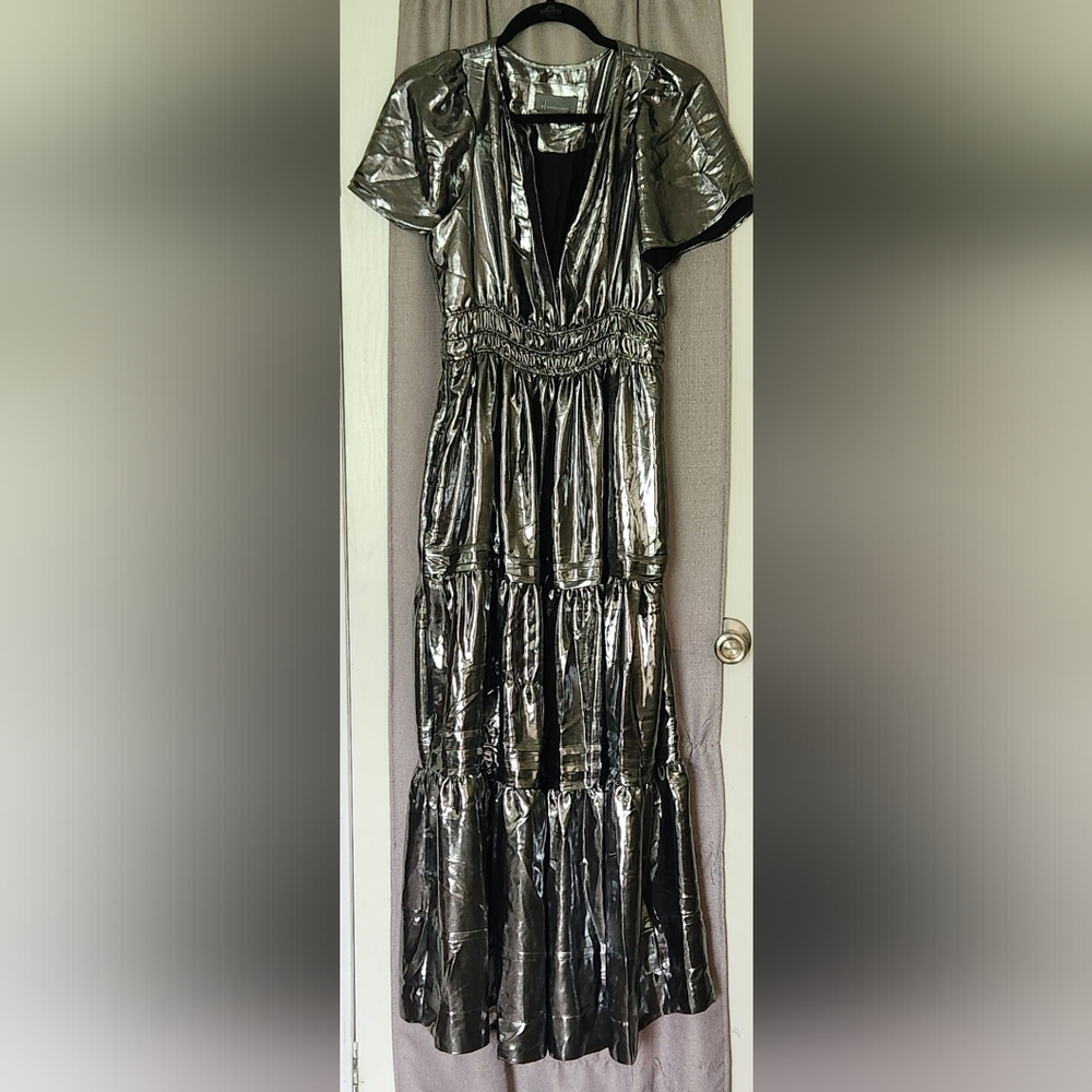 Anthropologie Metallic Silver Maxi Dress